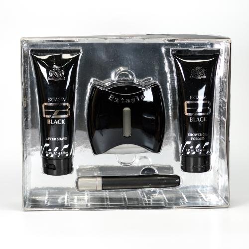 EXTASIA BLACK 4 PCS. GIFT SET: 3.3 FL.OZ. EDT SPRAY 4.3 FL.OZ. SHOWER GEL 4.3 FL.OZ. AFTERSHAVE AND .6 FL.OZ. EDT SPRAY FOR MEN