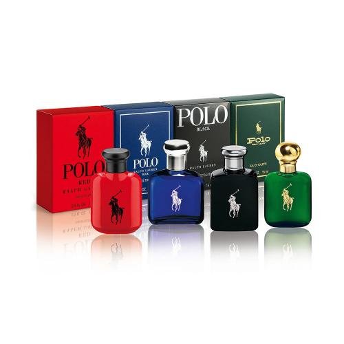 RALPH LAUREN 4 PCS. GIFT SET: .5 FL.OZ. POLO RED POLO BLUE POLO BLACK AND POLO GREEN EDT FOR MEN