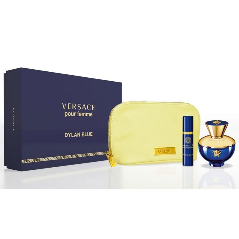 Dylan Blue Pour Femme 3 PCS. GIFT SET BY VERSACE: 3.4 FL.OZ. EDP + 10ML EDP + POUCH FOR WOMEN