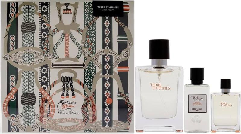 TERRE D(HERMES 3 PCS. GIFT SET: 3.3oz edt spray 0.42oz edt spray 1.35oz after shave lotion FOR MEN
